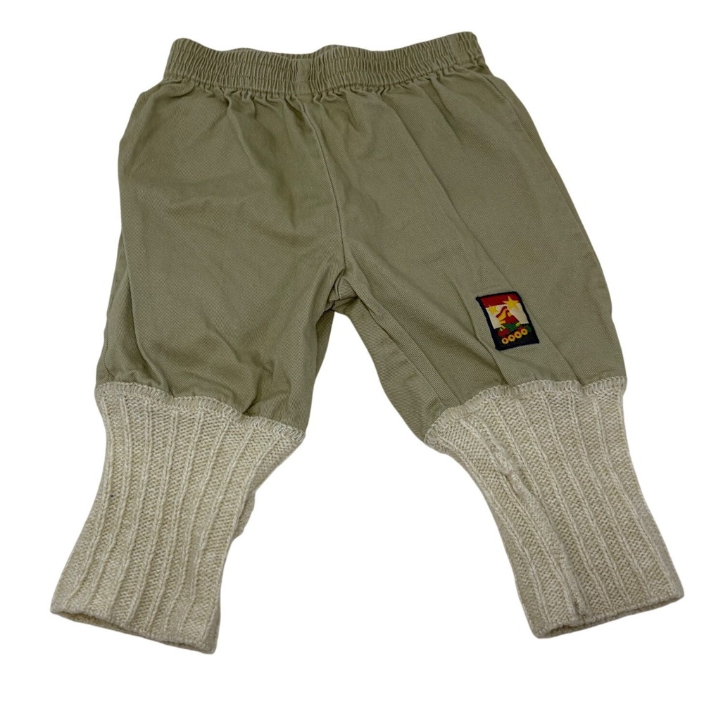 Vintage Baby Khaki Cotton Pants Knit Cuffs Tan 3-6 Months Elastic Waist Patch